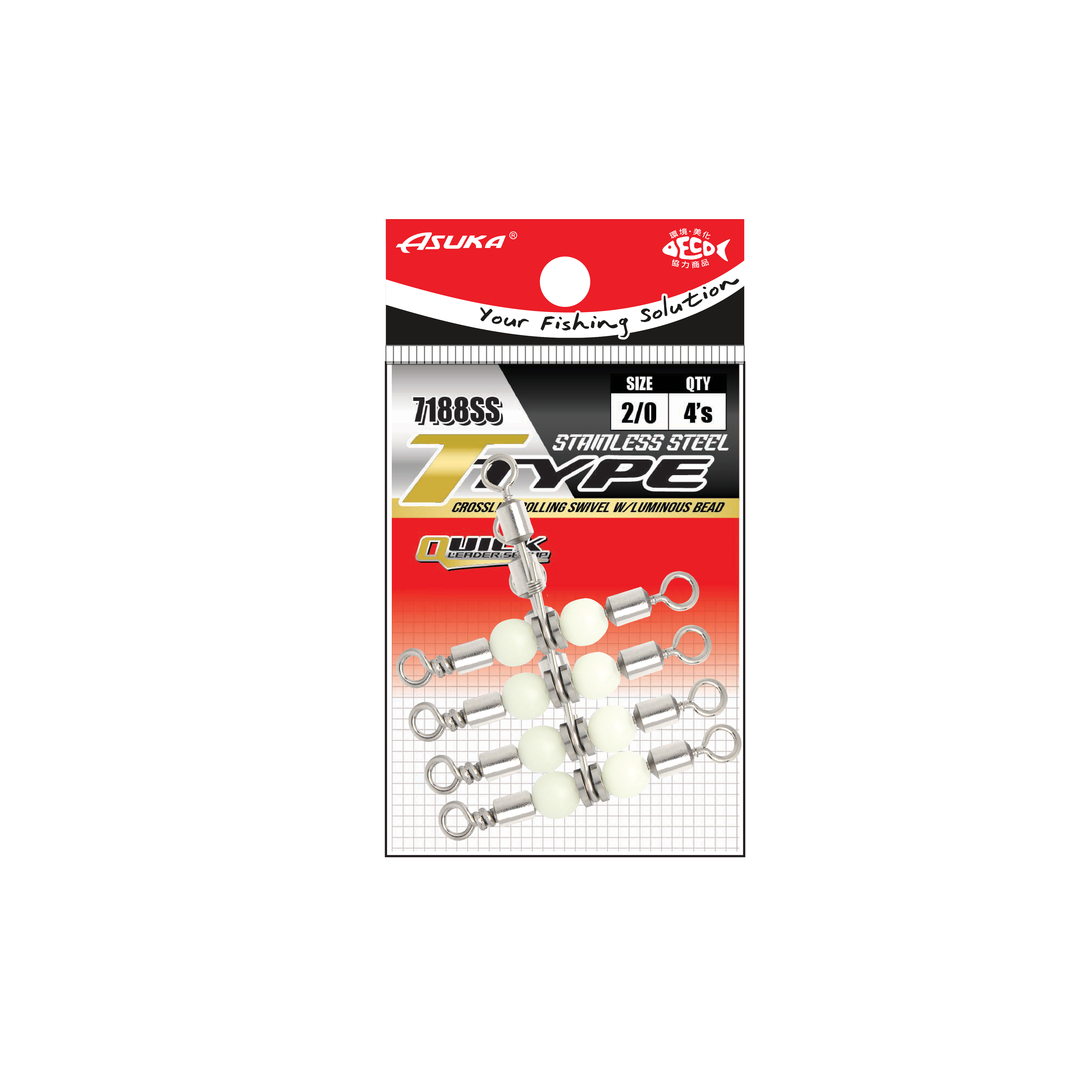 Asuka Fishing  | Asuka Stainless Steel T-Type Crossline Rolling Swivel with Luminous Bead 7188SS