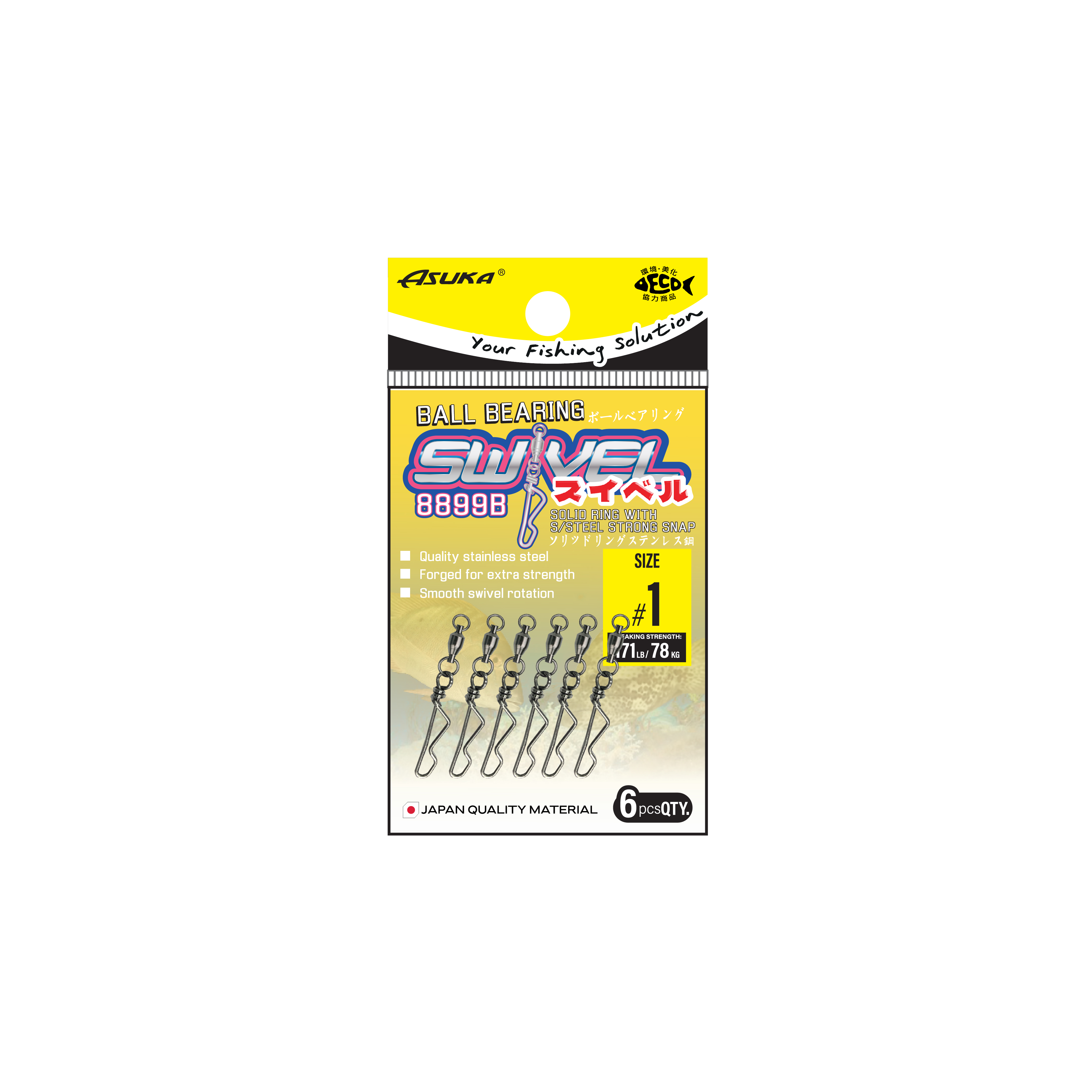 Asuka Fishing  | Asuka Ball Bearing Swivel Solid Ring with Stainless Steel Strong Snap 8899B